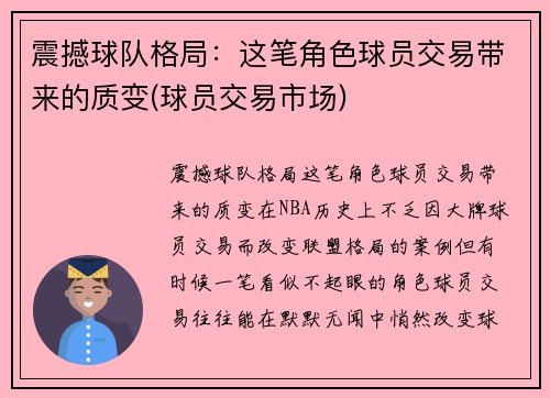 震撼球队格局：这笔角色球员交易带来的质变(球员交易市场)