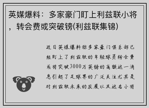 英媒爆料：多家豪门盯上利兹联小将，转会费或突破镑(利兹联集锦)