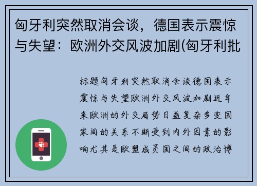 匈牙利突然取消会谈，德国表示震惊与失望：欧洲外交风波加剧(匈牙利批准)