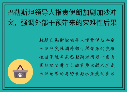 巴勒斯坦领导人指责伊朗加剧加沙冲突，强调外部干预带来的灾难性后果